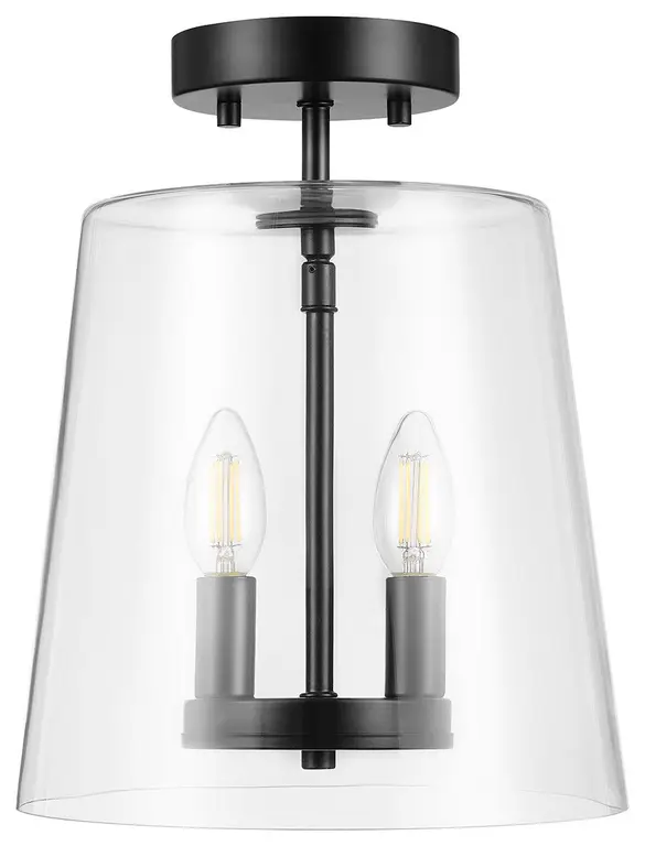 2-Light Matte Black Semi-Flush Mount Ceiling Light with Glass Shade