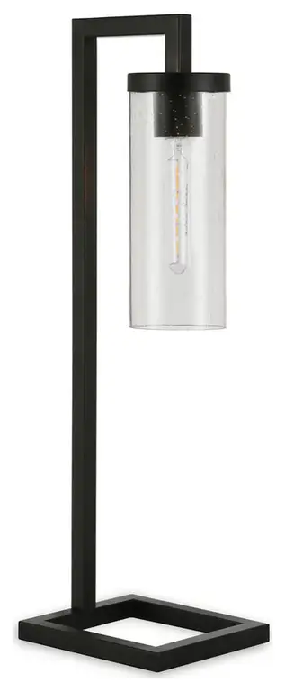 26" Black Metal Arched Table Lamp With Clear Seeded Cylinder Shade