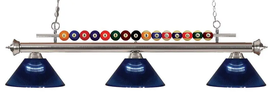 3 Light Billiard Light Brushed Nickel Frame Pool Balls Across The Top and Dark