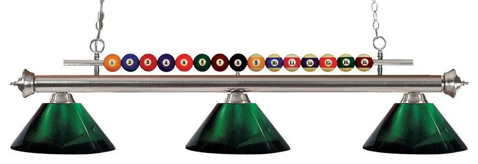 3 Light Billiard Light Brushed Nickel Frame Pool Balls Across The Top and Green