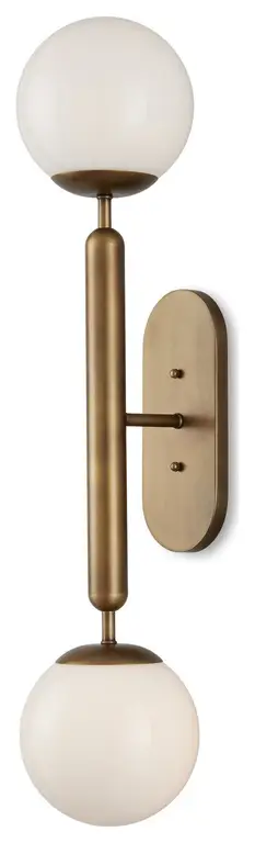 Barbican Two Light Wall Sconce, Antique Brass/White