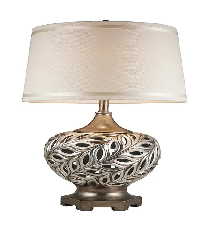 Benzara BM240303 Table Lamp With Scrolled Peacock Feather Cutout Base, Silver