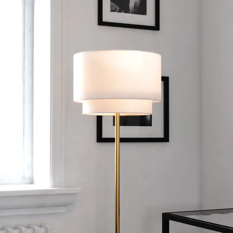 Burnaby Gold Brass Mid-Century Modern Floor Lamp White Linen Shade Pull Chain