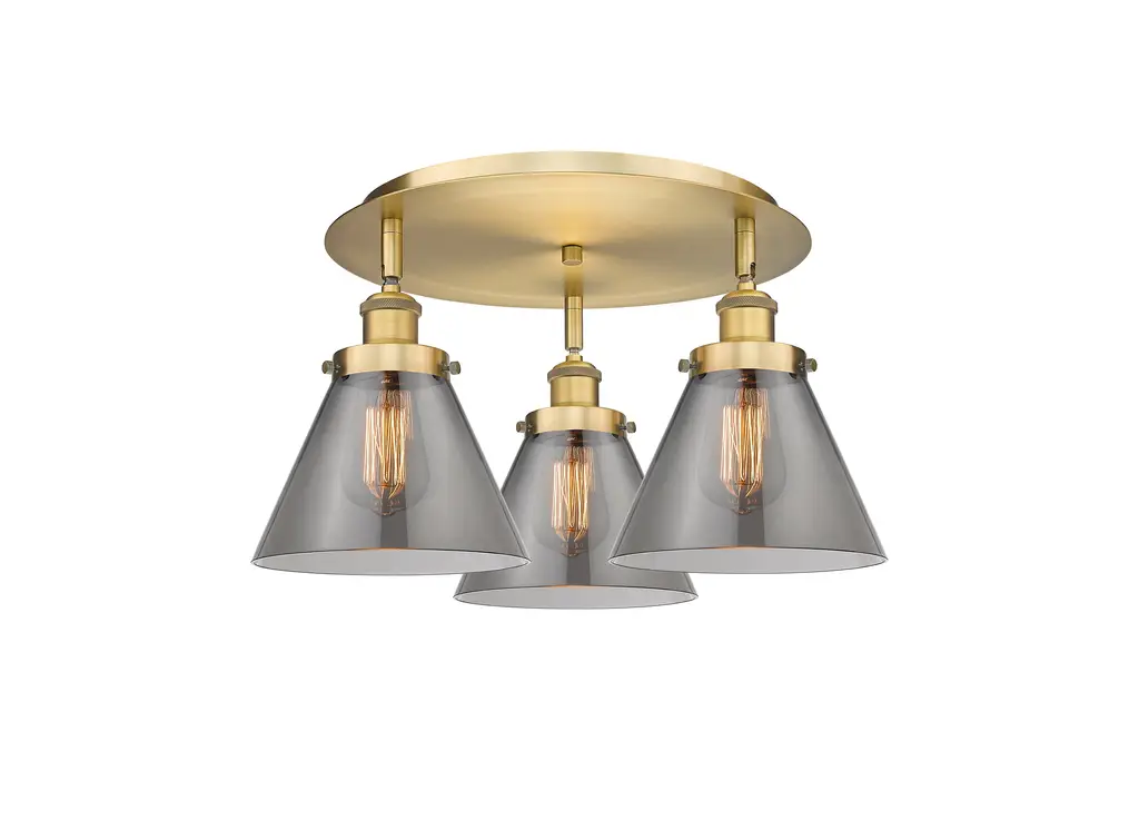 Cone-3 Light 20" Flush Mount-Brushed Brass, Plated Smoke Glass Shade