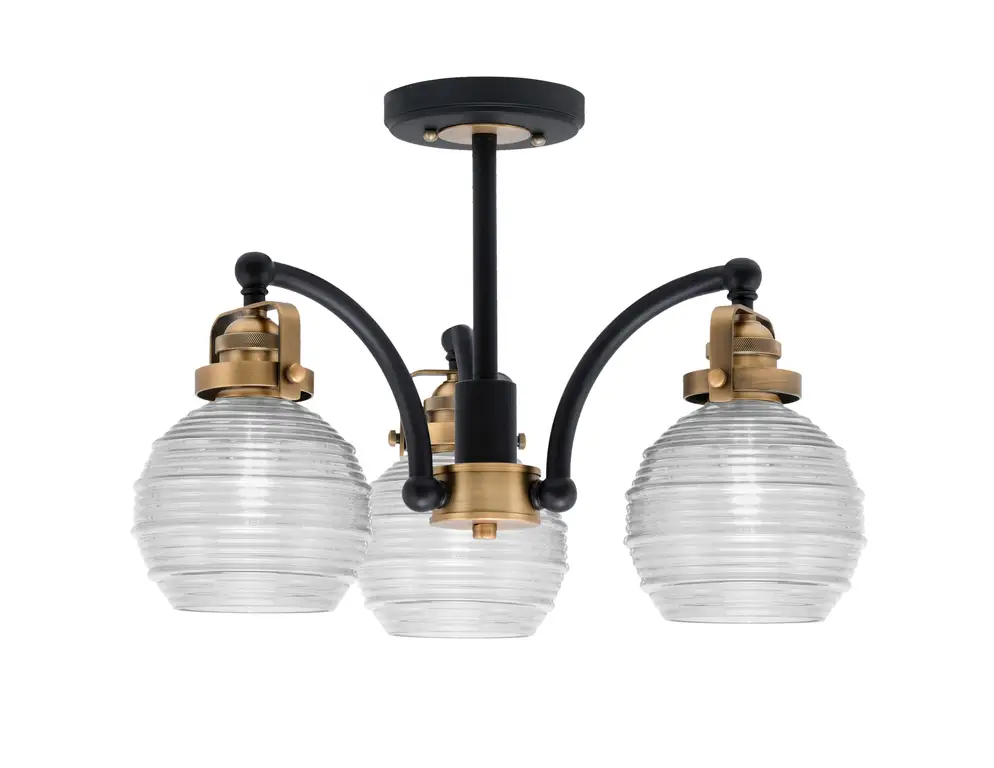 Easton 3 Light Semi-Flush In Matte Black & Brass Finish, 6" Clear Ribbed Glass