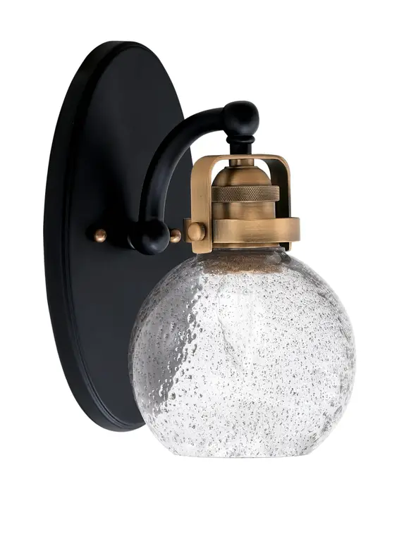 Easton Wall Sconce In Matte Black & Brass Finish, 5" Silver Textured Glass