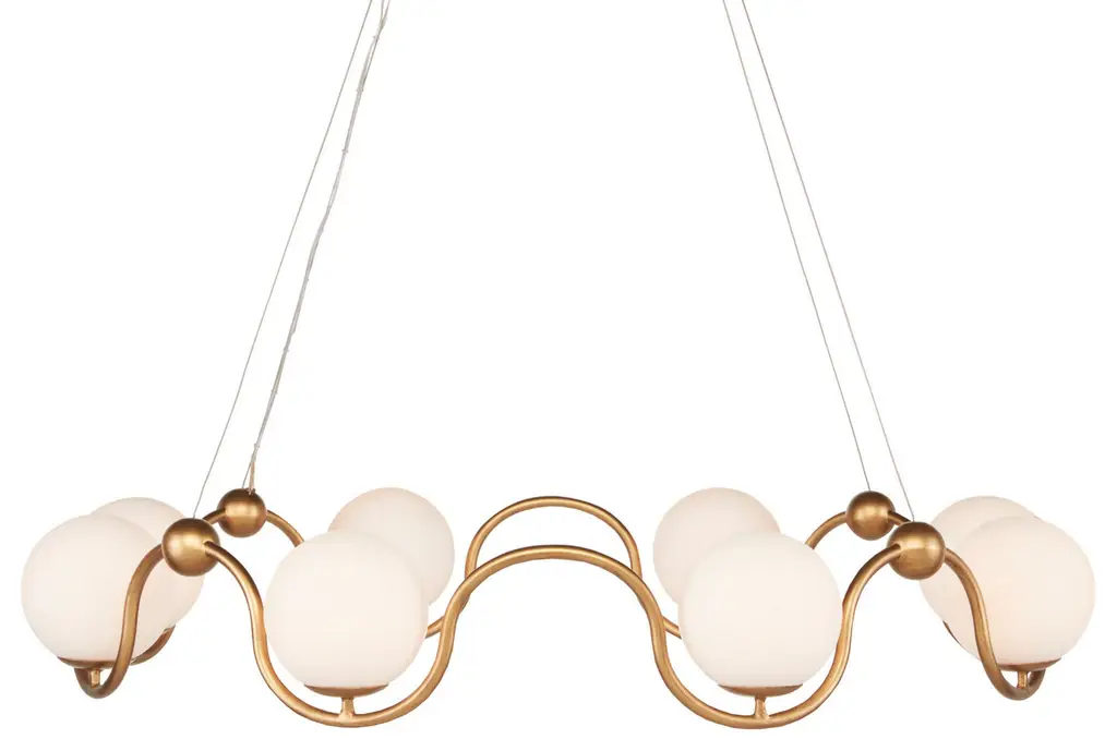 Eight Light Chandelier, Antique Brass/White