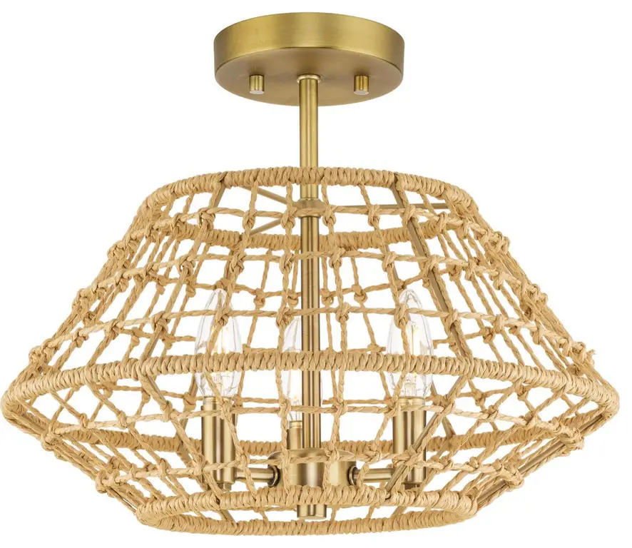 Laila 16" 3-Light Vintage Brass Coastal Semi-Flush Convertible Jute Accents
