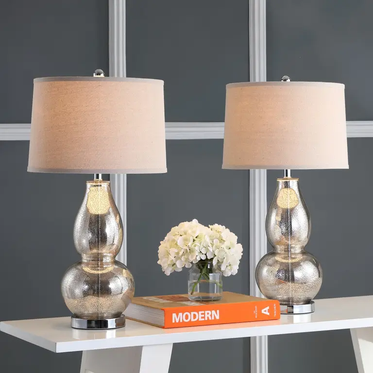 Safavieh Mercurio Double Gourd Lamps Antique Silver Wheat Shade 28.5"H Set of 2