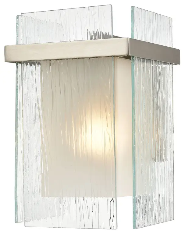 Vellis 1-Light Sconce, Satin Nickel With Textured Clear and Frosted Glass
