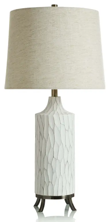 Waylon White Table Lamp Carved Polyresin Body Bronze Accents Oatmeal Shade