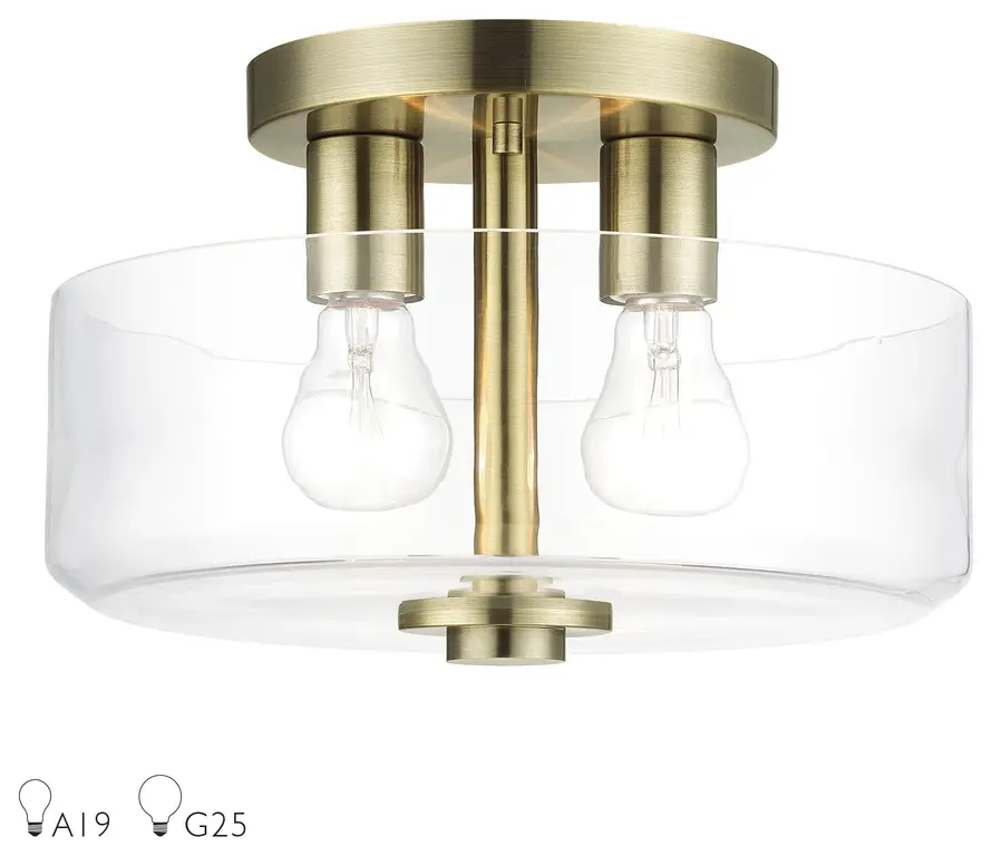 Whitworth 2 Light Antique Brass Medium Semi-Flush with Mouth Blown Clear Glass